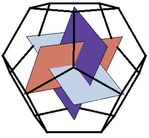 Imagen que muestra cómo Los 12 vértices de los tres rectángulos áureos coinciden con los centros de las caras de un dodecaedro.