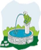Caricatura de una fuente con una rana que vierte agua.