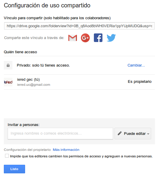 Opciones avanzadas para compartir carpeta Opciones avanzadas para compartir carpeta